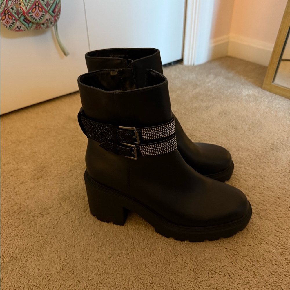 Black Ankle Boots with Rhinestone Straps